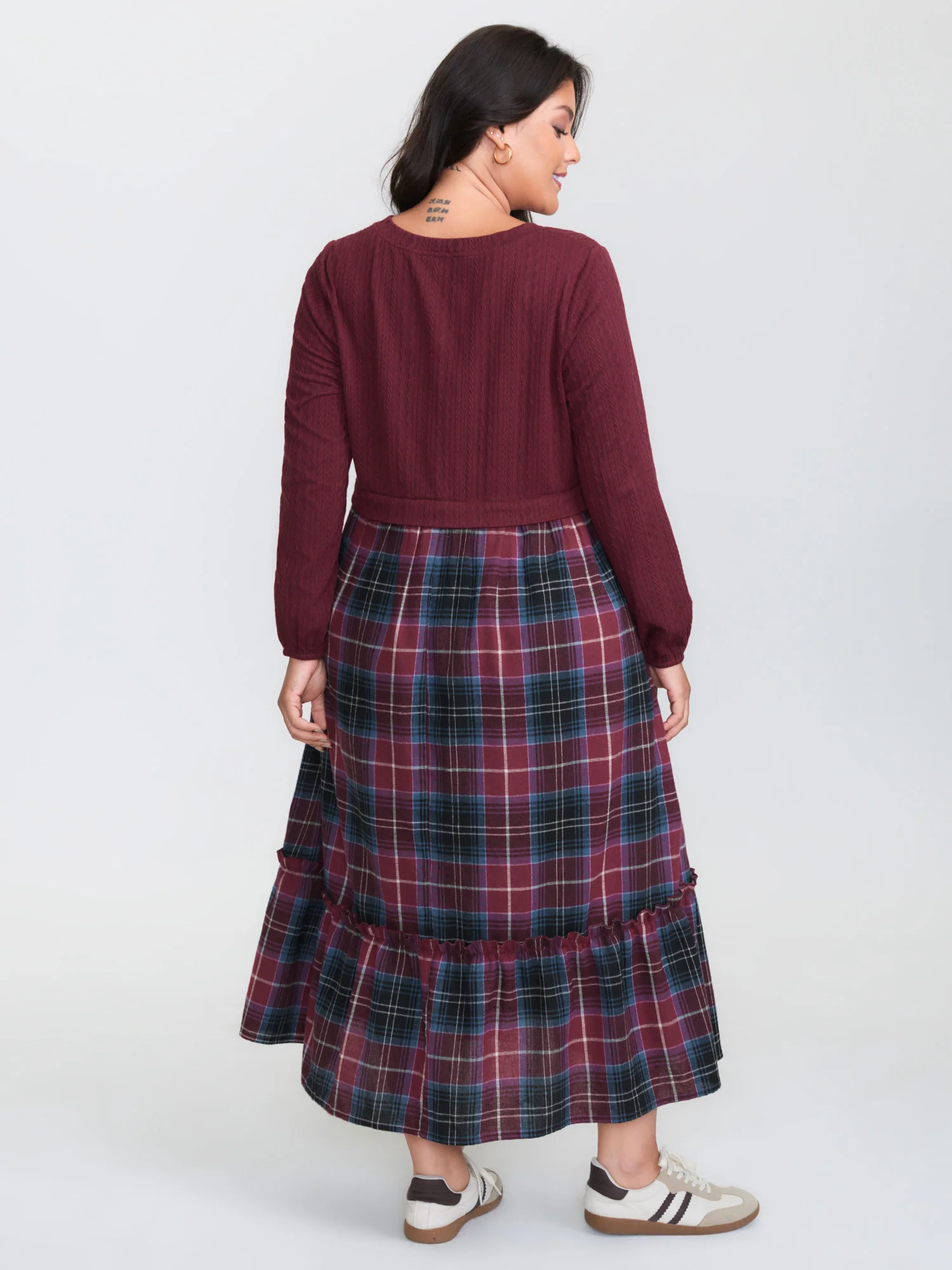 Plaid Print Textured Pockets Midi Dress - Image 4