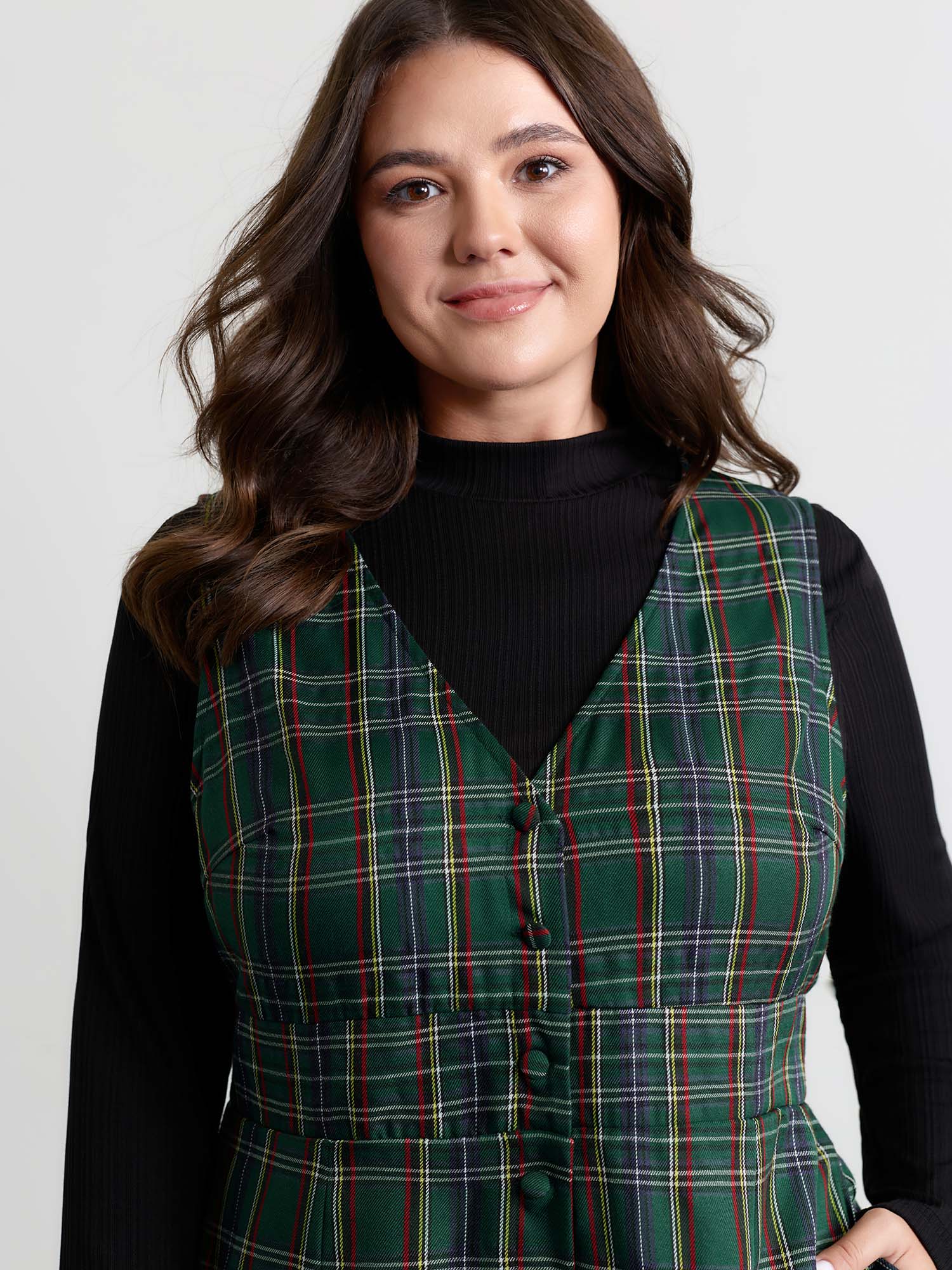 Plaid Print V-Neck Straight-Leg Jumpsuit - Image 2