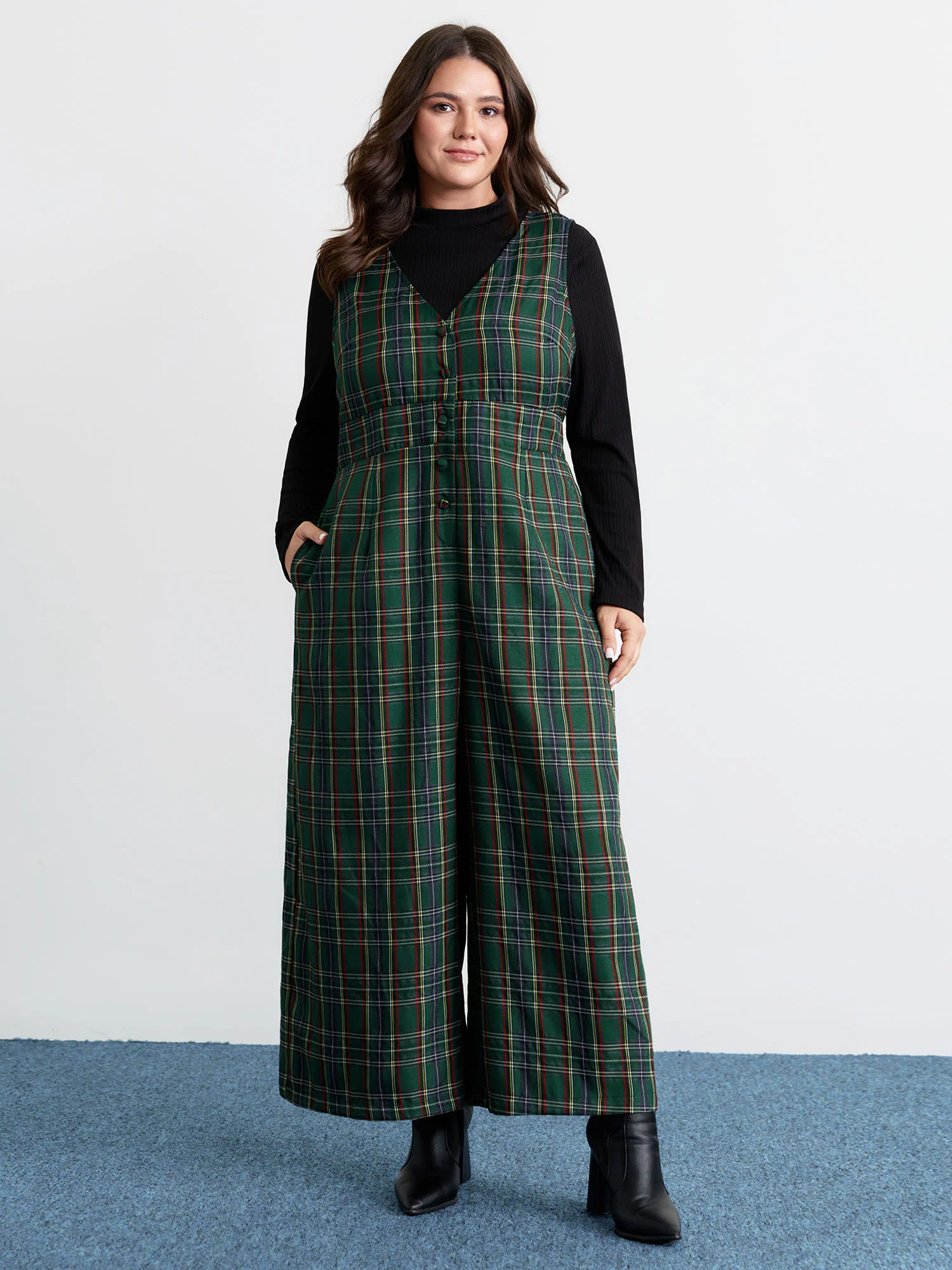 Plaid Print V-Neck Straight-Leg Jumpsuit - Image 3