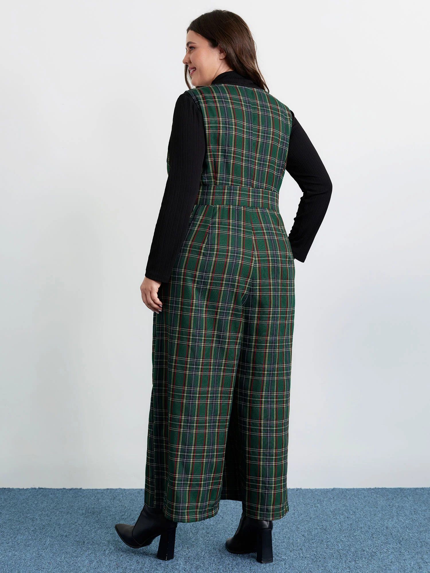 Plaid Print V-Neck Straight-Leg Jumpsuit - Image 4