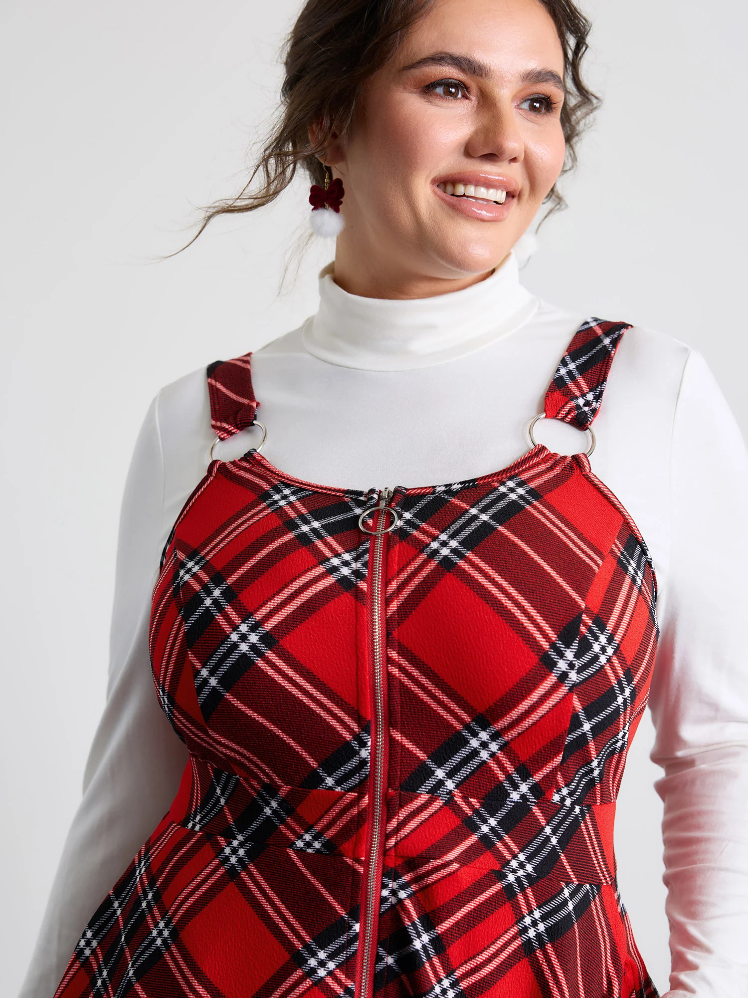 Plaid Print Zipper Overall Straps Mini Dress - Image 2