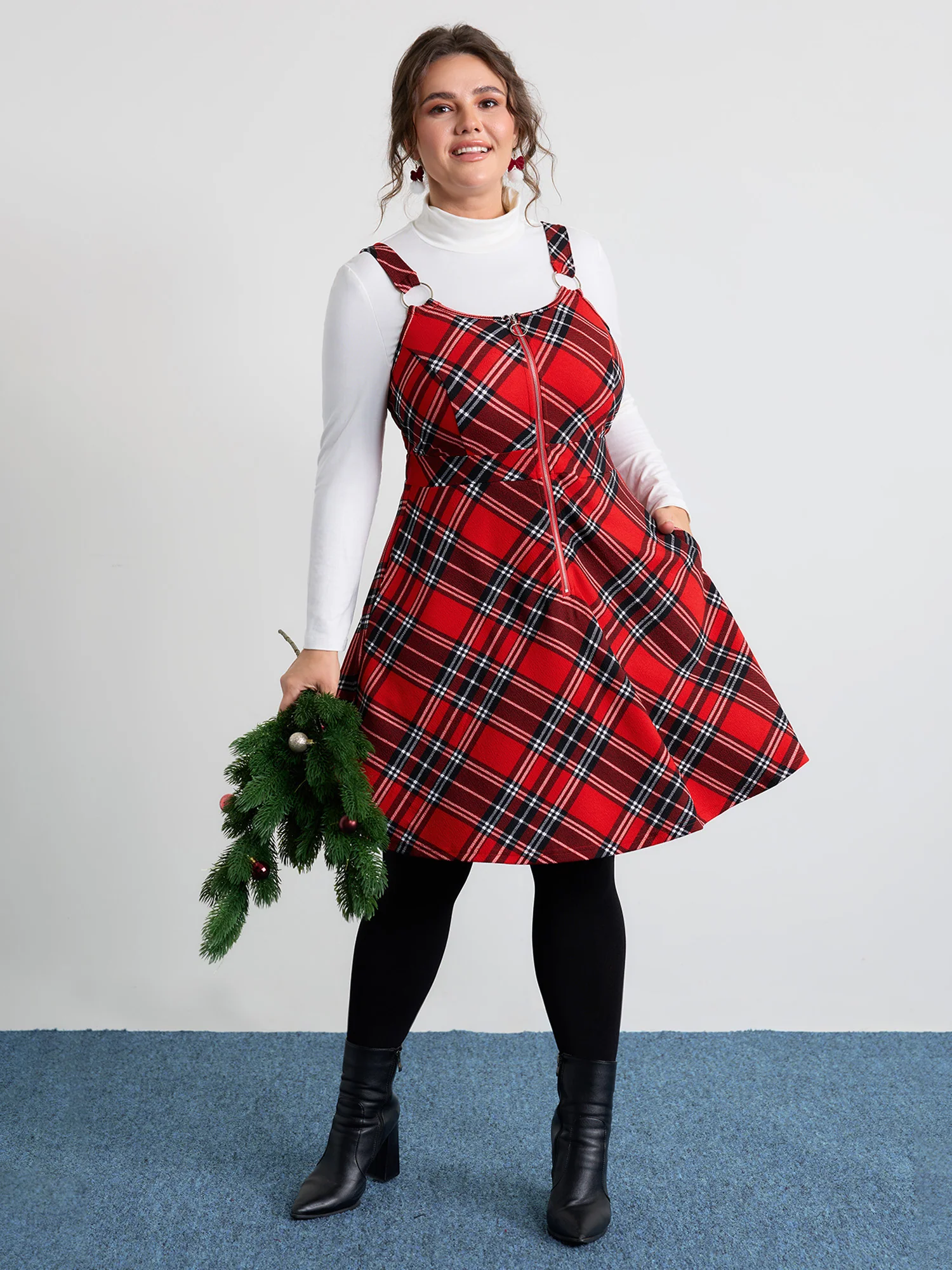 Plaid Print Zipper Overall Straps Mini Dress - Image 3
