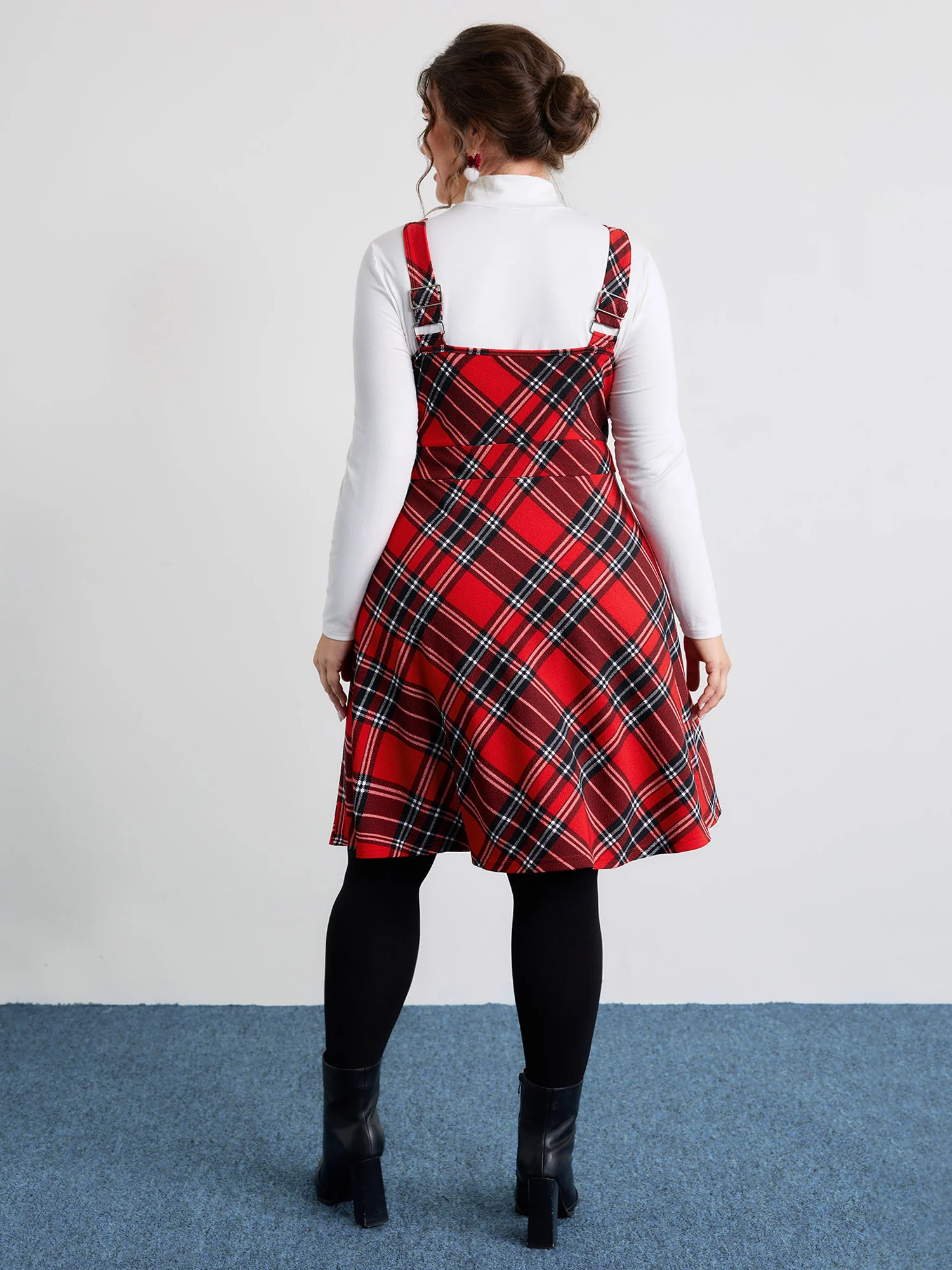 Plaid Print Zipper Overall Straps Mini Dress - Image 4