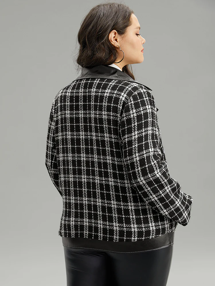 Plaid PU Patchwork Zipper Fly Jacket - Image 2