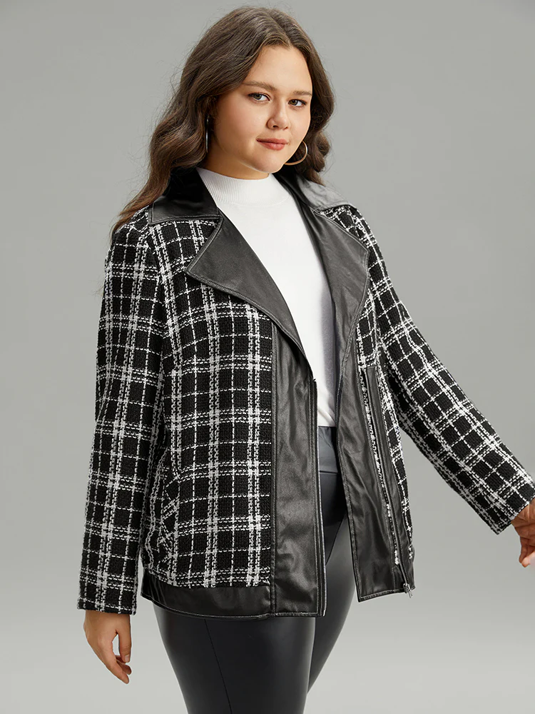 Plaid PU Patchwork Zipper Fly Jacket - Image 3