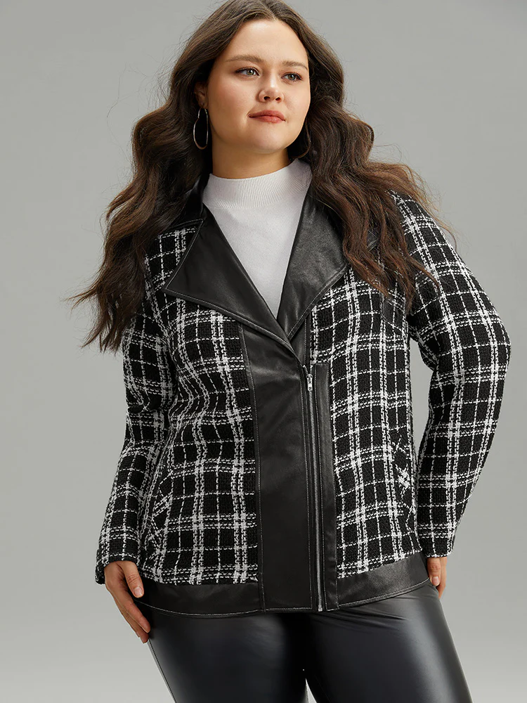 Plaid PU Patchwork Zipper Fly Jacket - Image 5