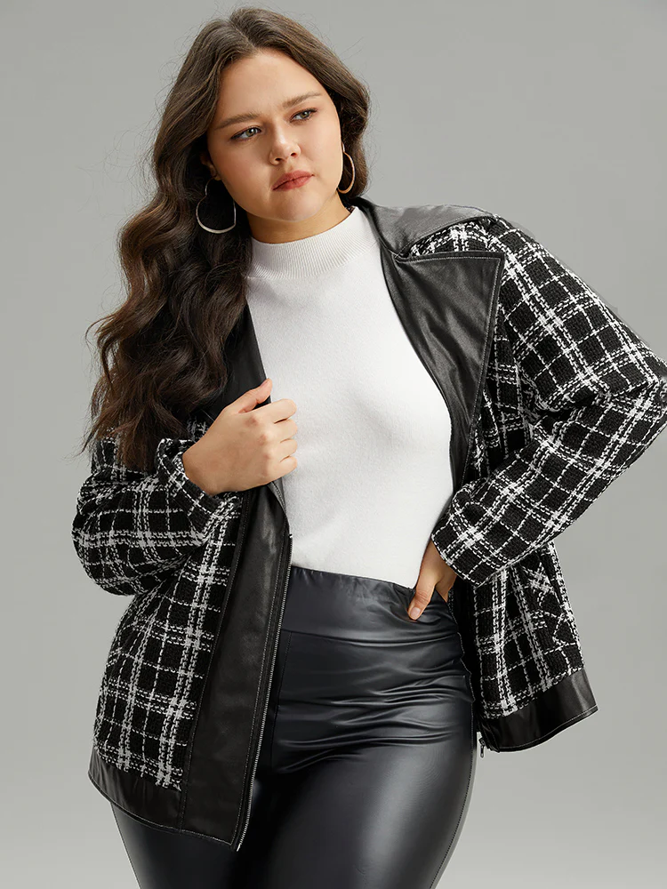 Plaid PU Patchwork Zipper Fly Jacket - Image 6