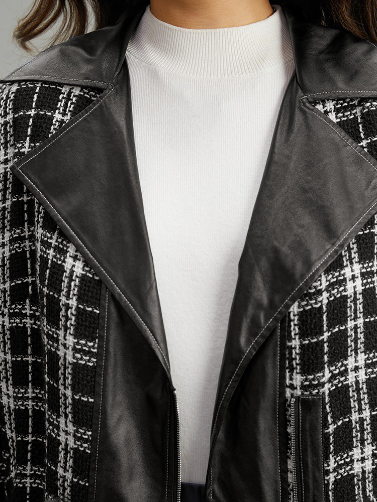 Plaid PU Patchwork Zipper Fly Jacket - Image 7