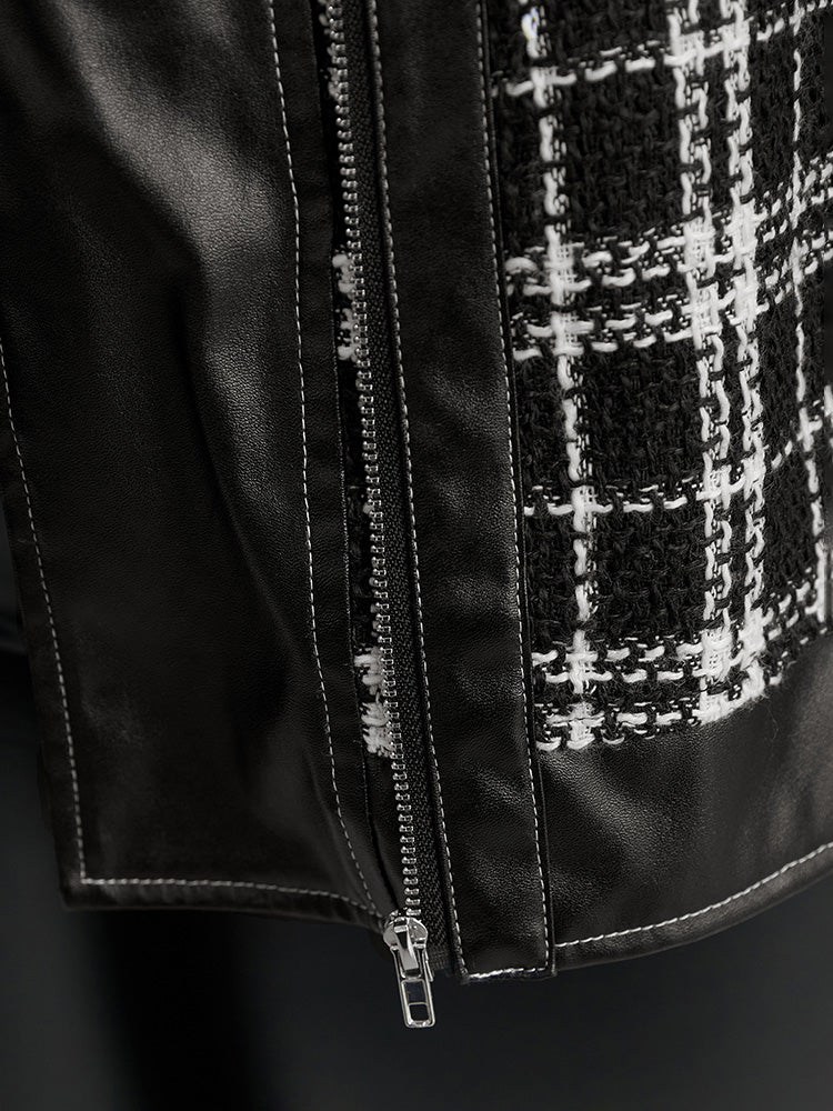 Plaid PU Patchwork Zipper Fly Jacket - Image 8