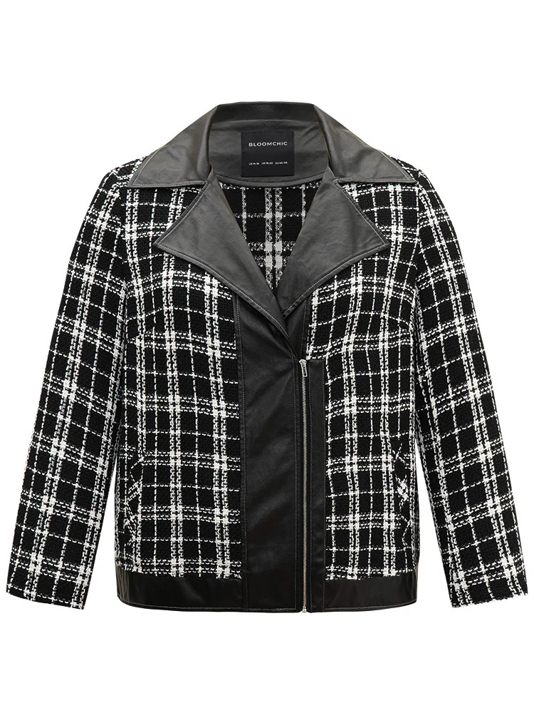 Plaid PU Patchwork Zipper Fly Jacket - Image 9
