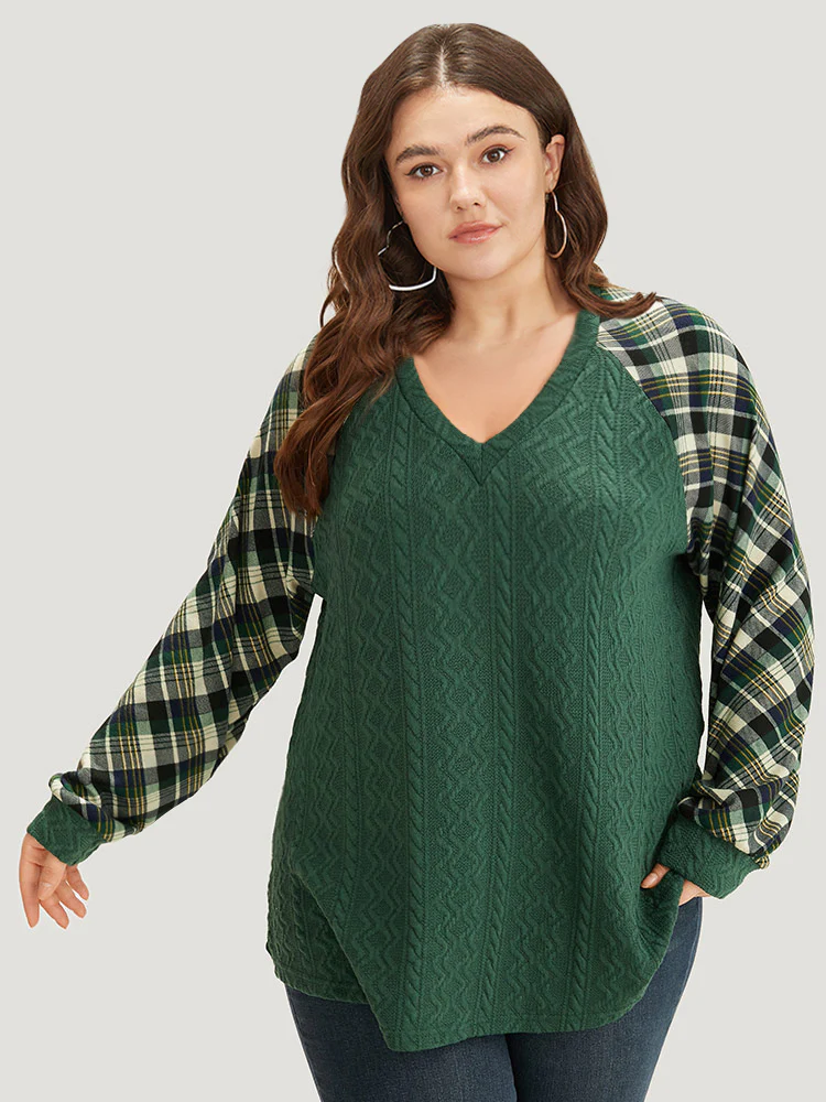 Plaid Raglan Sleeve Patchwork Texture Sweatshirt