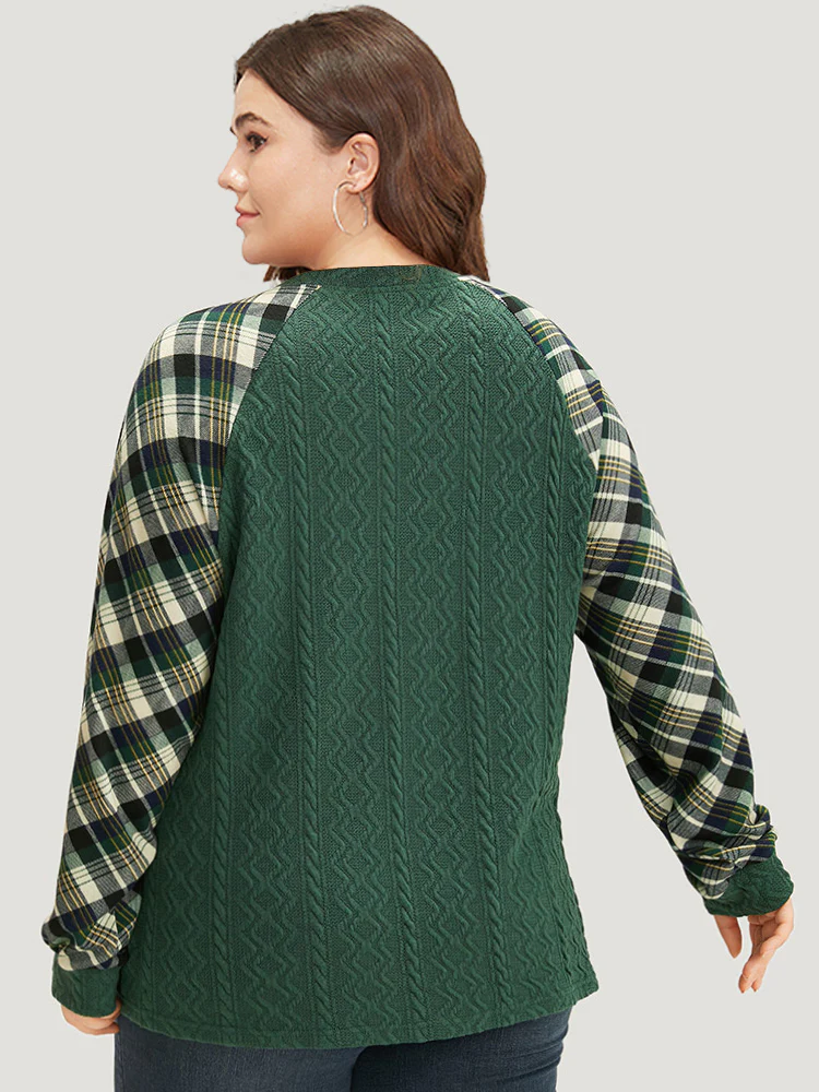 Plaid Raglan Sleeve Patchwork Texture Sweatshirt - Image 2