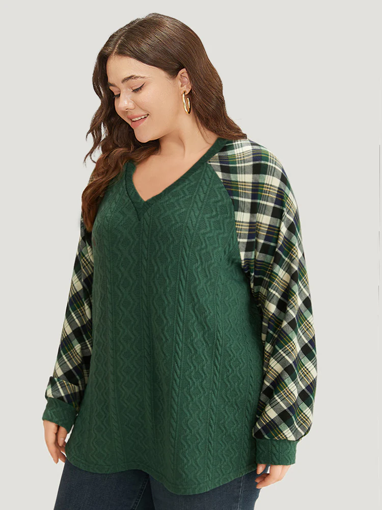 Plaid Raglan Sleeve Patchwork Texture Sweatshirt - Image 3