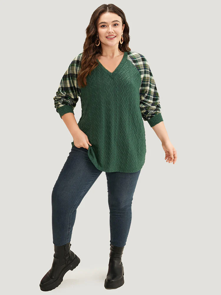 Plaid Raglan Sleeve Patchwork Texture Sweatshirt - Image 4