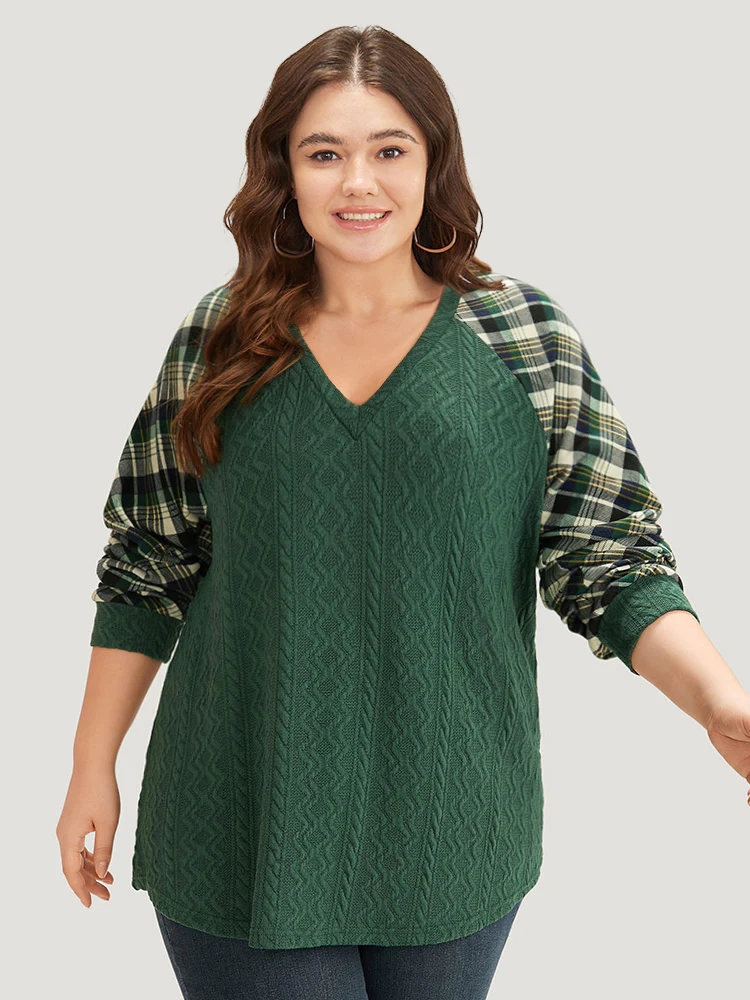 Plaid Raglan Sleeve Patchwork Texture Sweatshirt - Image 5