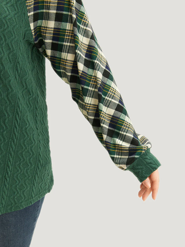 Plaid Raglan Sleeve Patchwork Texture Sweatshirt - Image 7