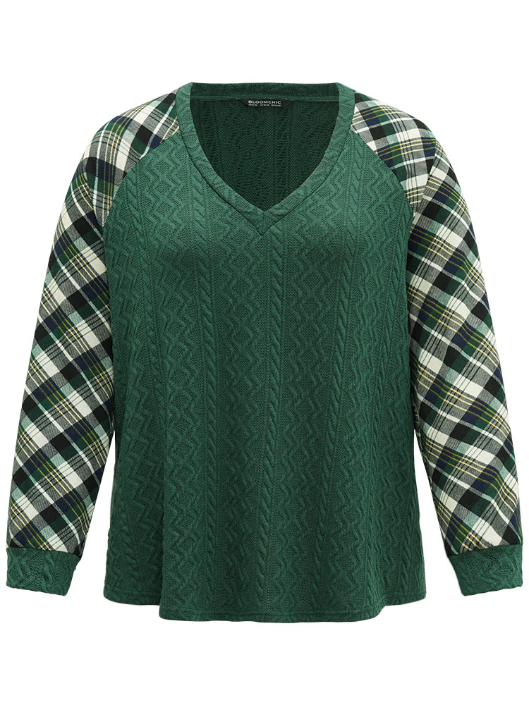 Plaid Raglan Sleeve Patchwork Texture Sweatshirt - Image 8
