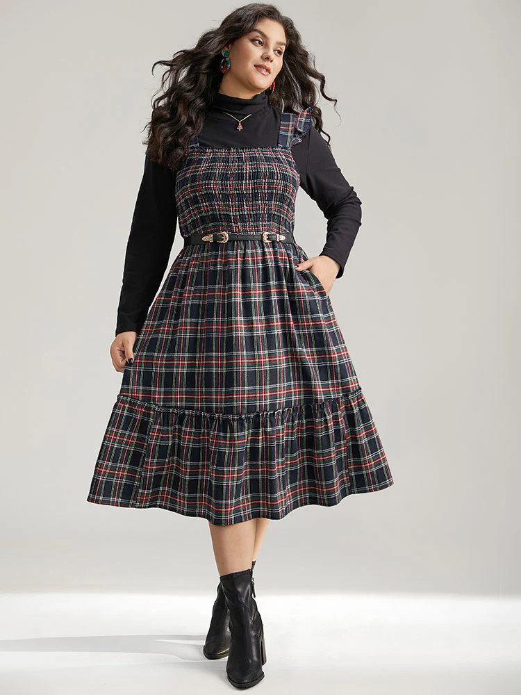Plaid Ruffle Trim Shirred Spaghetti Strap Dress - Image 2