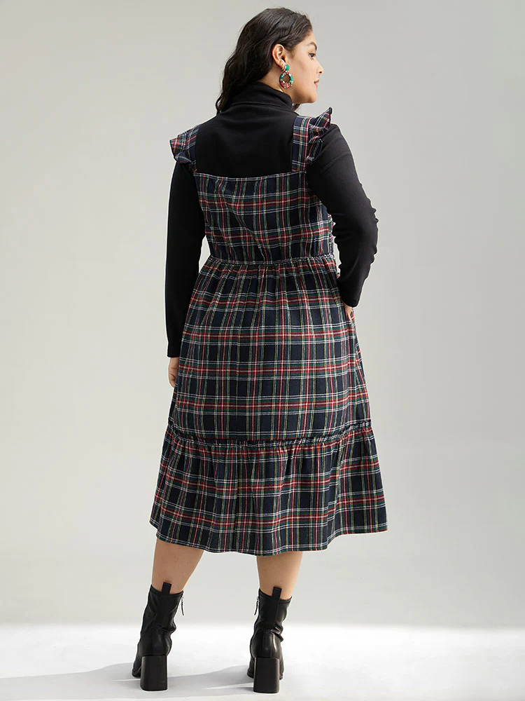 Plaid Ruffle Trim Shirred Spaghetti Strap Dress - Image 3