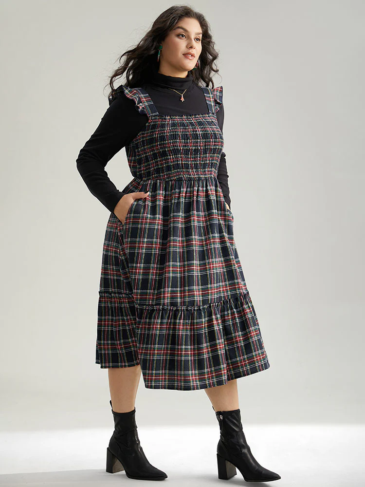 Plaid Ruffle Trim Shirred Spaghetti Strap Dress - Image 4