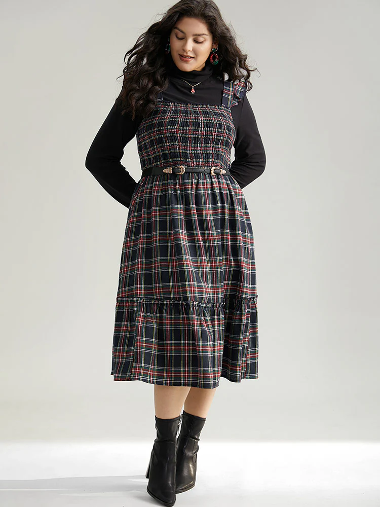 Plaid Ruffle Trim Shirred Spaghetti Strap Dress - Image 5