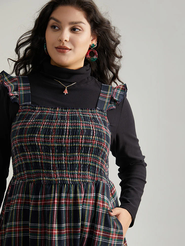 Plaid Ruffle Trim Shirred Spaghetti Strap Dress - Image 6