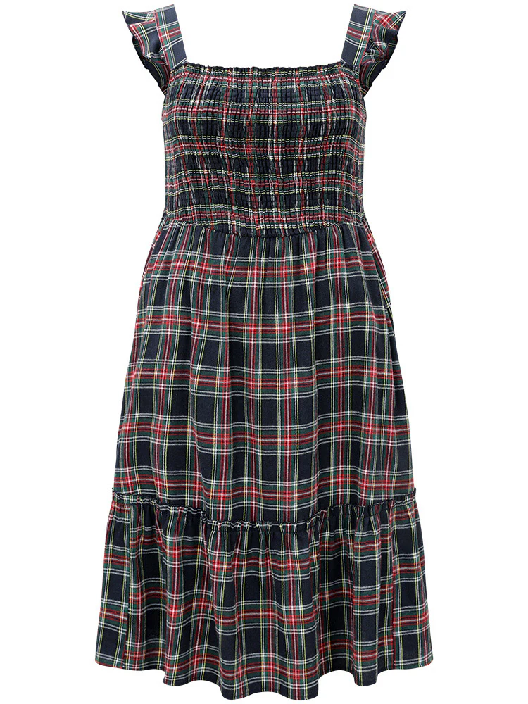 Plaid Ruffle Trim Shirred Spaghetti Strap Dress - Image 7