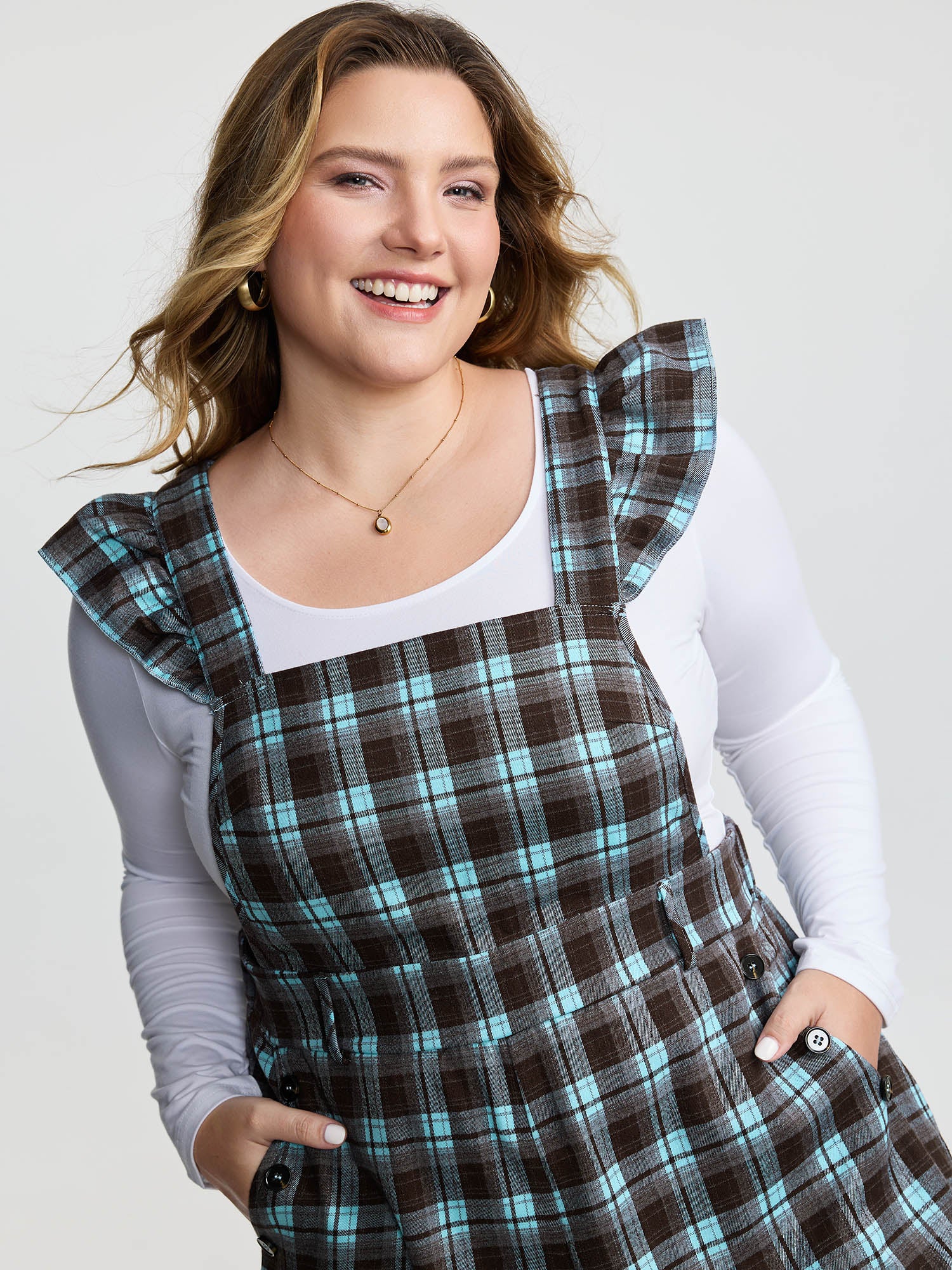 Plaid Ruffled Sleeve Backless Tie Jumpsuit - Image 2