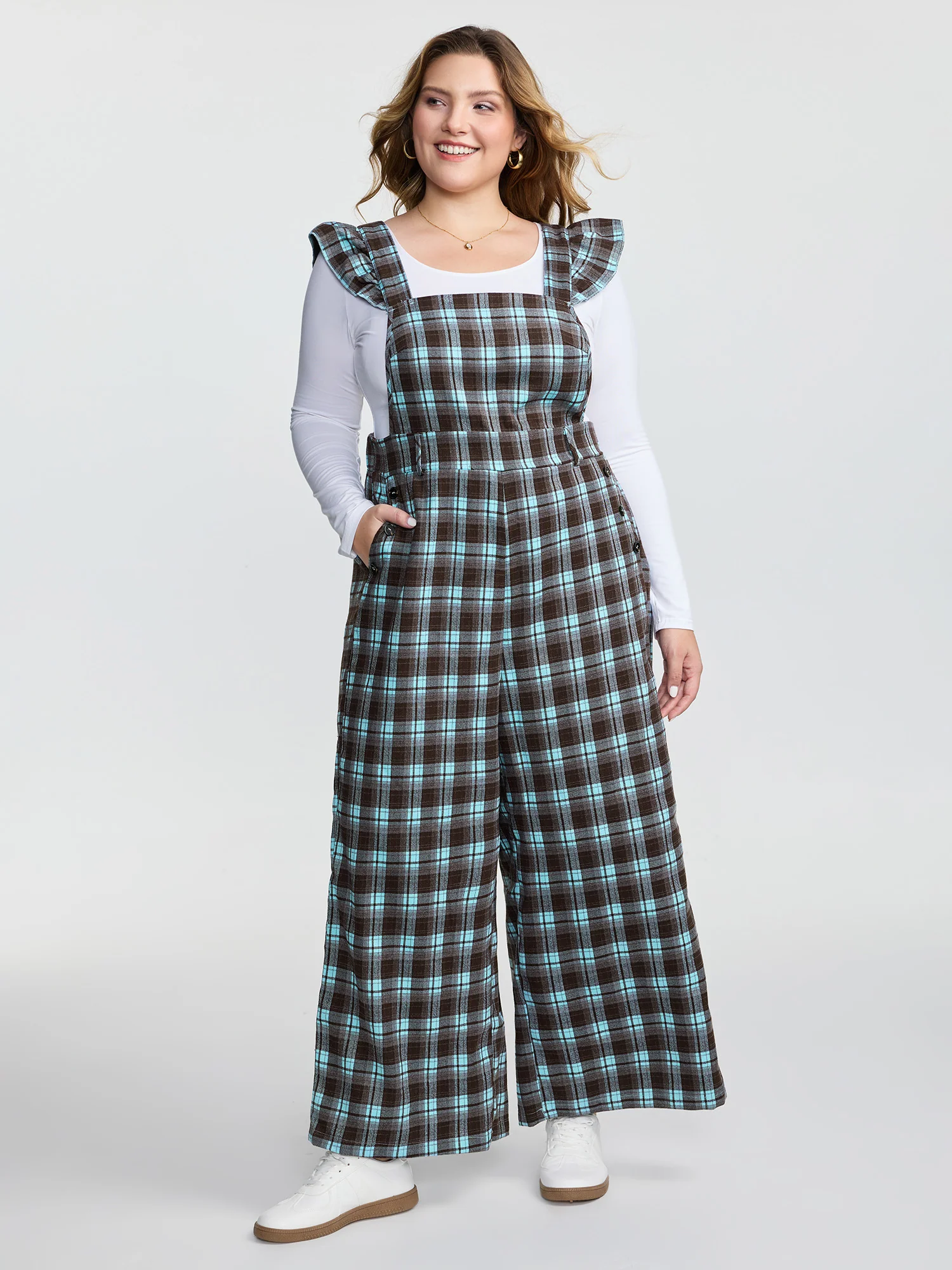 Plaid Ruffled Sleeve Backless Tie Jumpsuit - Image 3