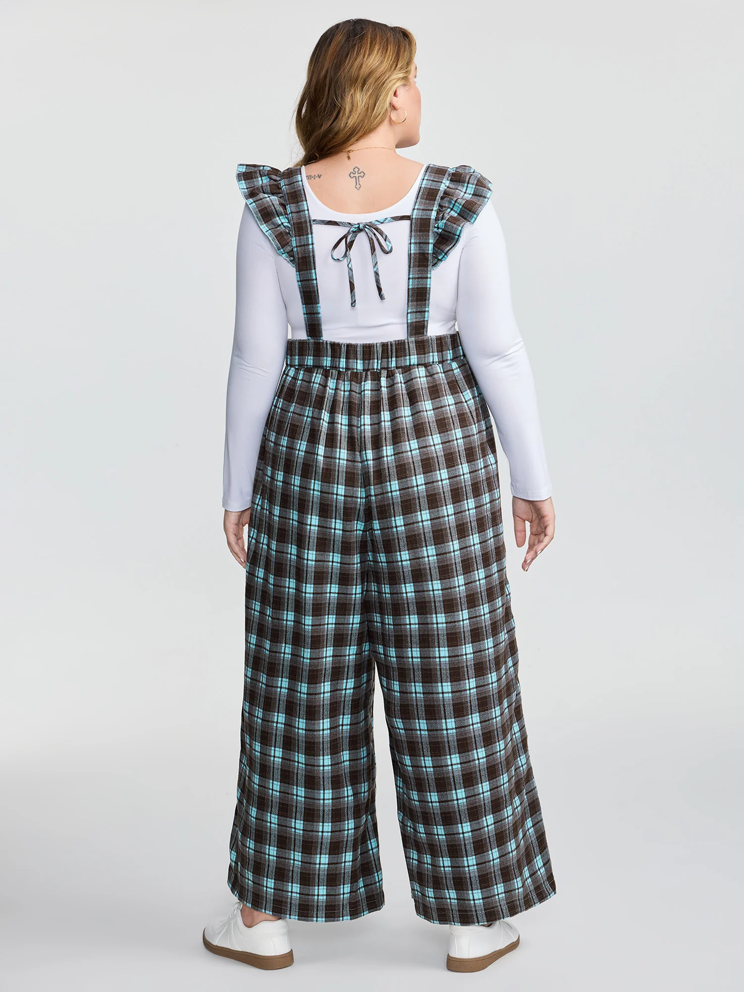 Plaid Ruffled Sleeve Backless Tie Jumpsuit - Image 4