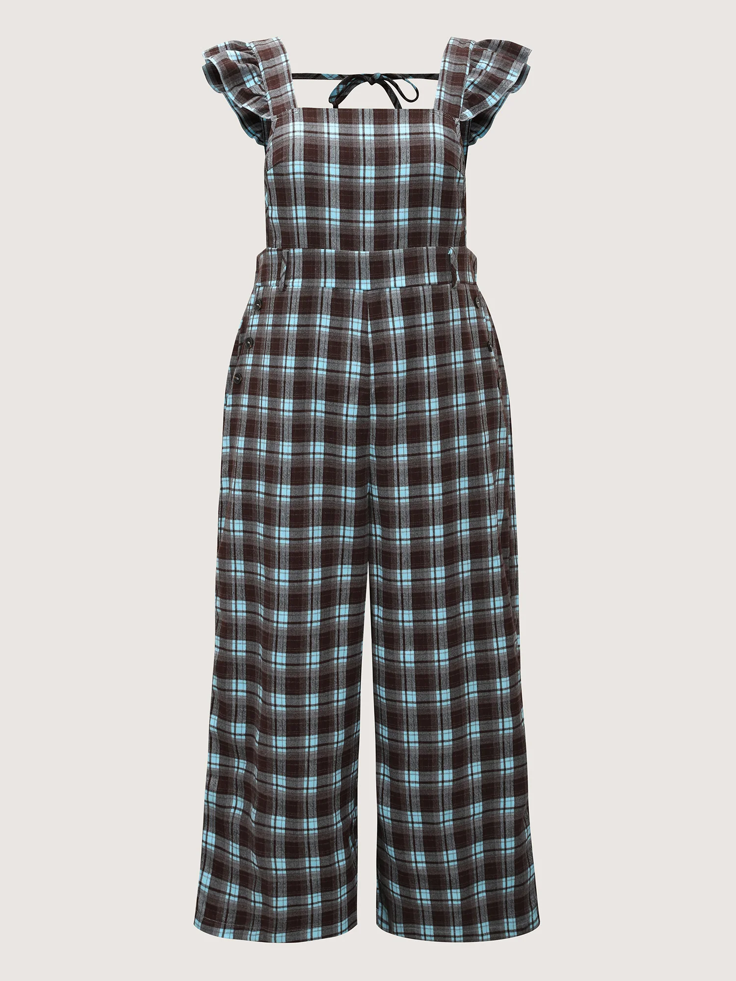 Plaid Ruffled Sleeve Backless Tie Jumpsuit - Image 6
