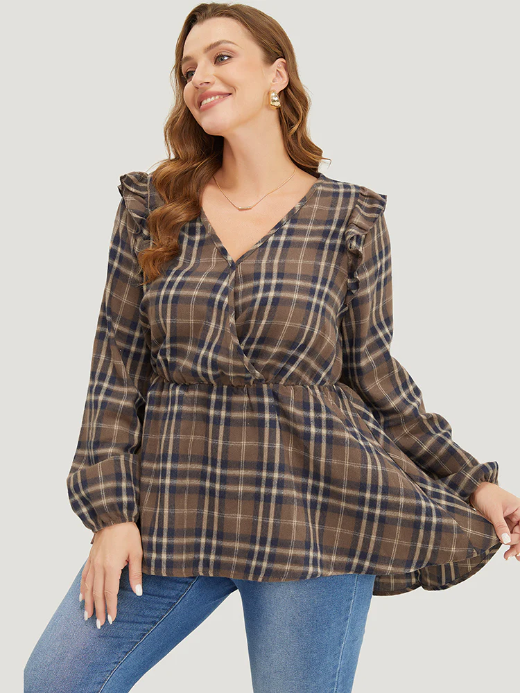 Plaid Ruffles Trim Lantern Sleeve Asymmetrical Hem Wrap Blouse - Image 2