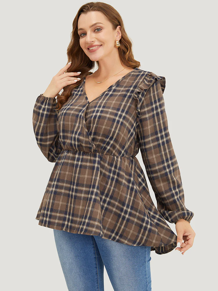 Plaid Ruffles Trim Lantern Sleeve Asymmetrical Hem Wrap Blouse - Image 3