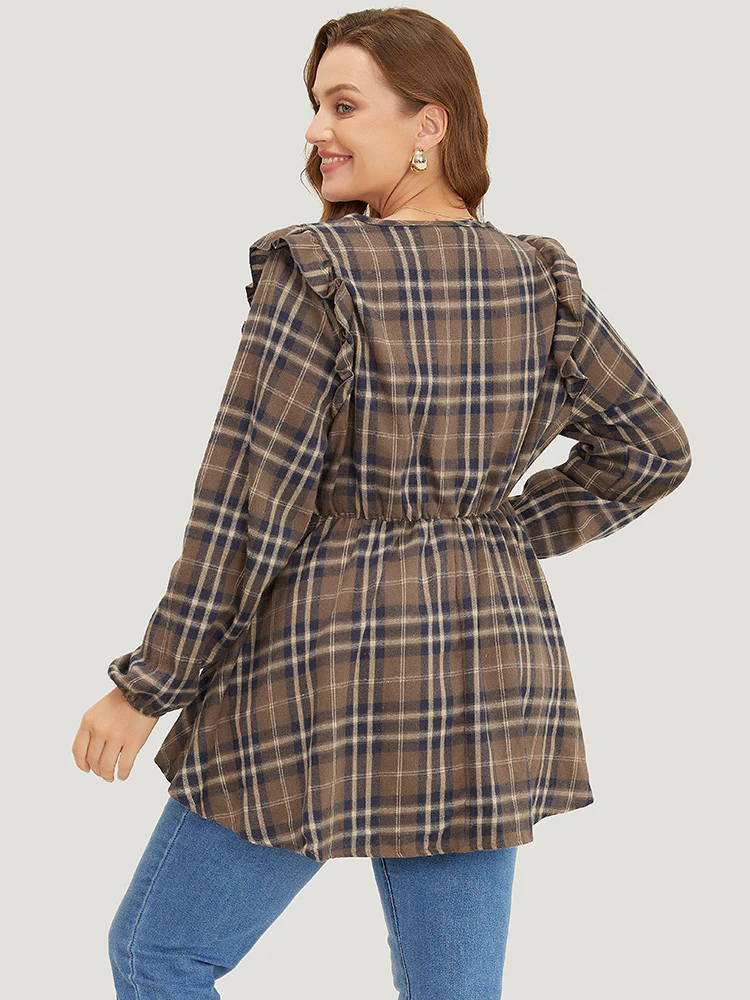 Plaid Ruffles Trim Lantern Sleeve Asymmetrical Hem Wrap Blouse - Image 4