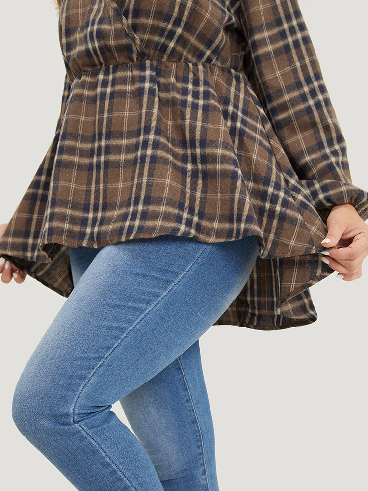 Plaid Ruffles Trim Lantern Sleeve Asymmetrical Hem Wrap Blouse - Image 5