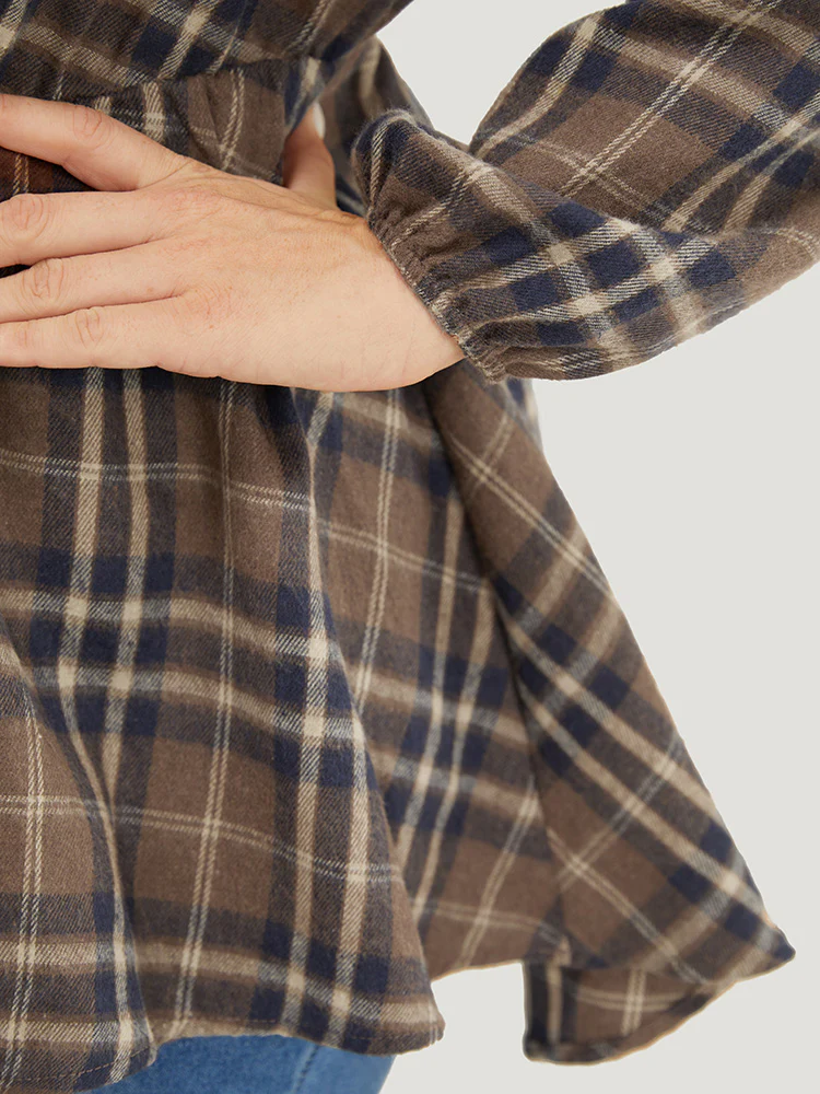 Plaid Ruffles Trim Lantern Sleeve Asymmetrical Hem Wrap Blouse - Image 6