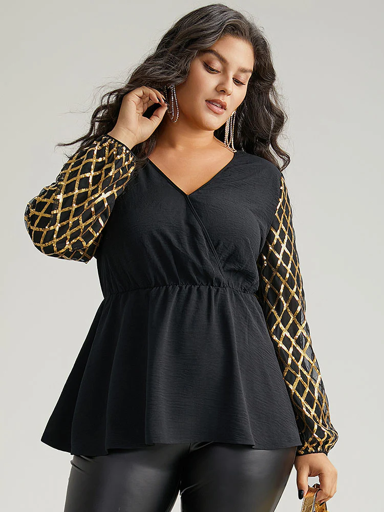 Plaid Sequin Patchwork Wrap Blouse - Image 2