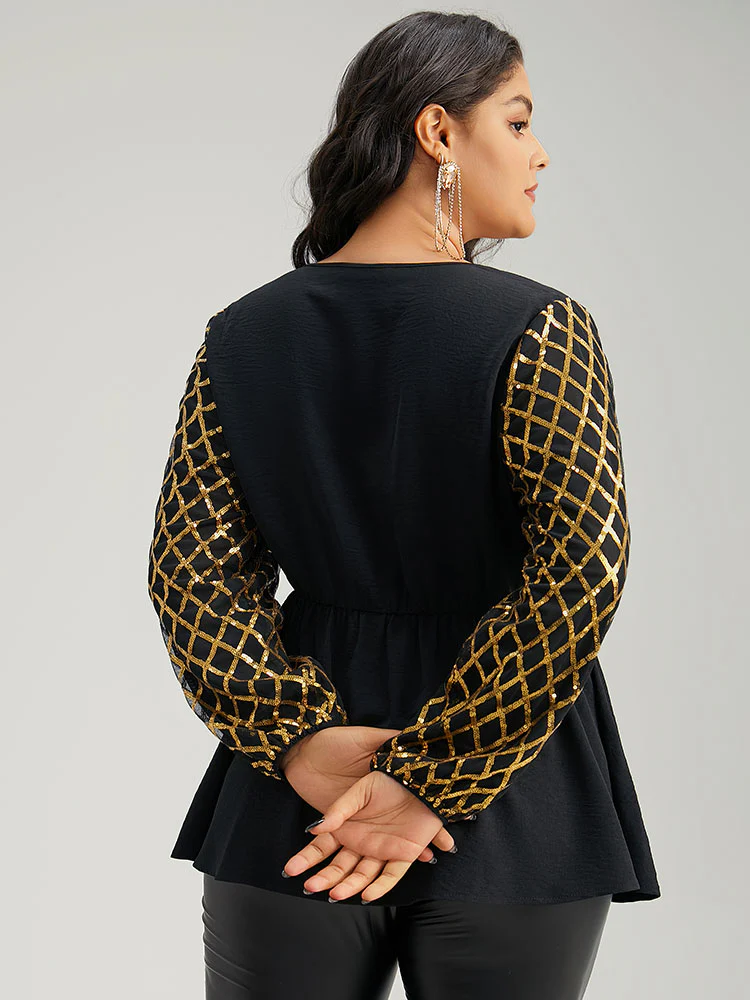 Plaid Sequin Patchwork Wrap Blouse - Image 3