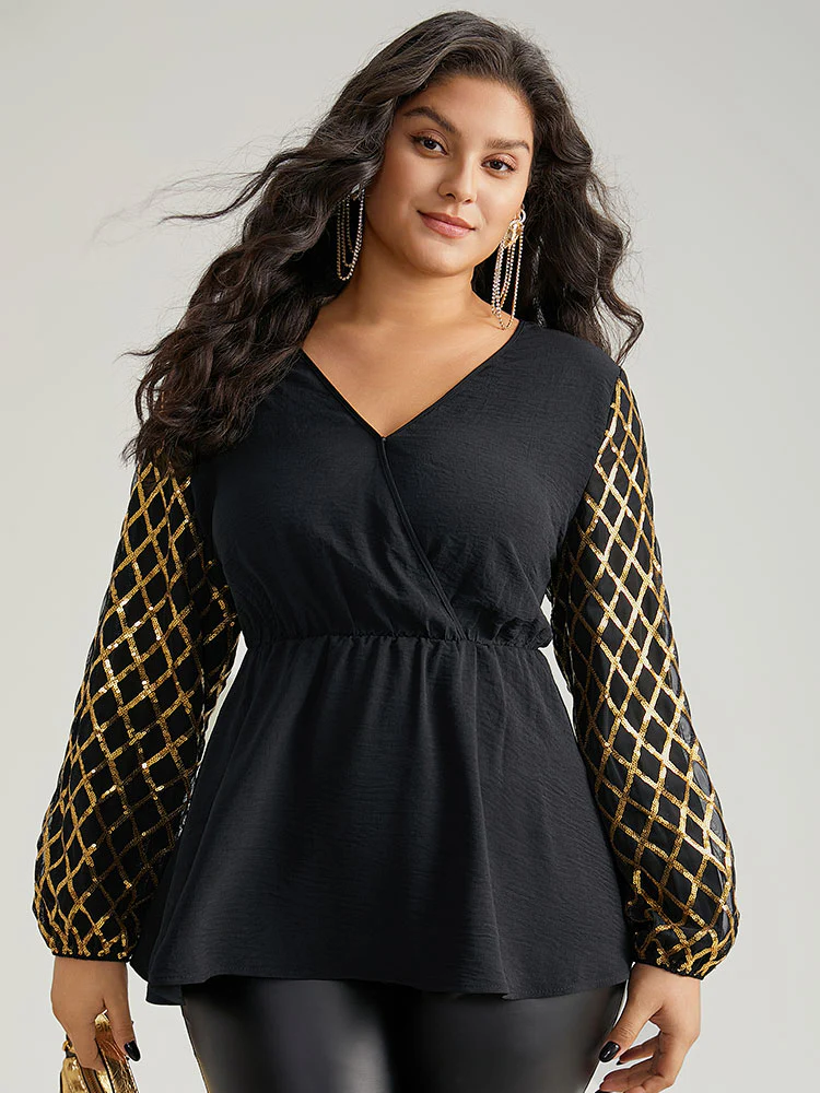 Plaid Sequin Patchwork Wrap Blouse - Image 4