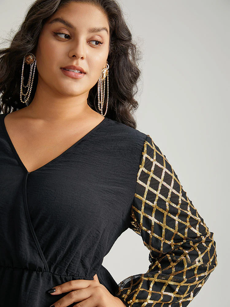 Plaid Sequin Patchwork Wrap Blouse - Image 7