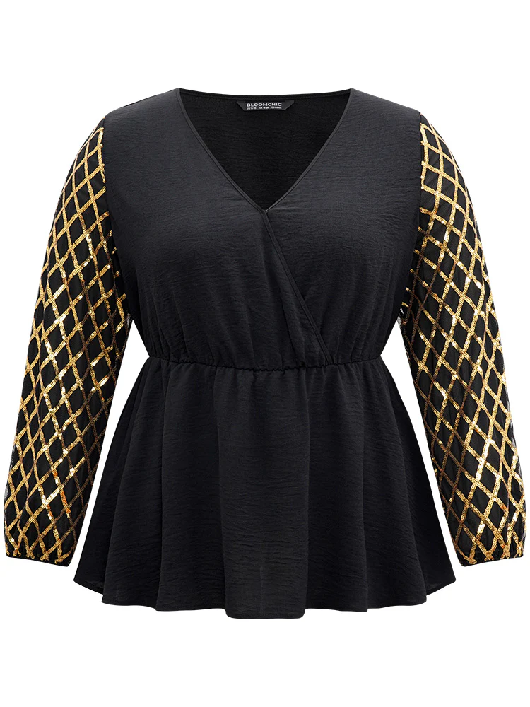 Plaid Sequin Patchwork Wrap Blouse - Image 8