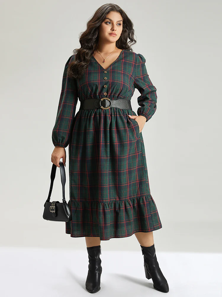 Plaid Shirred Button Detail Ruffle Hem Dress - Image 2