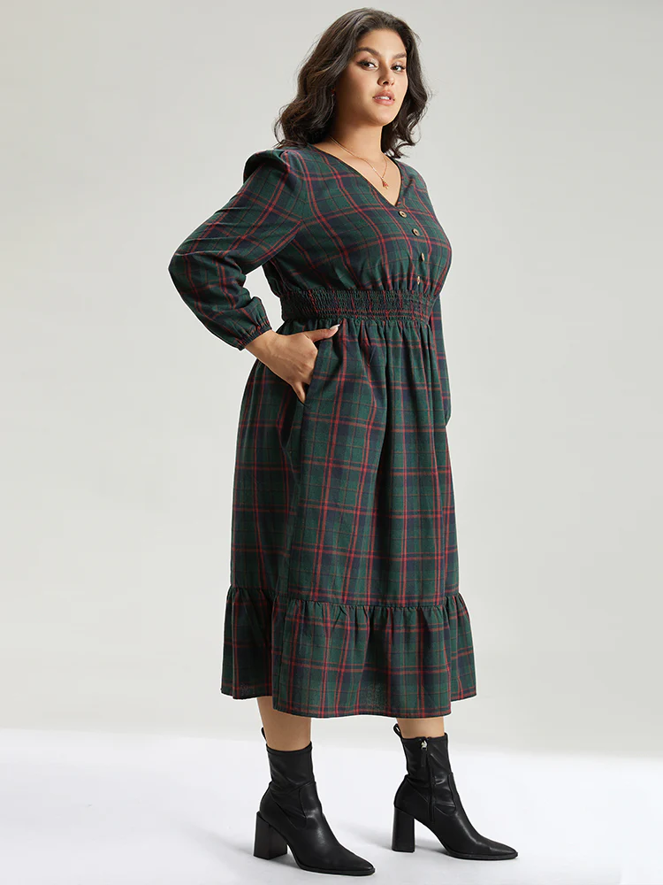 Plaid Shirred Button Detail Ruffle Hem Dress - Image 3