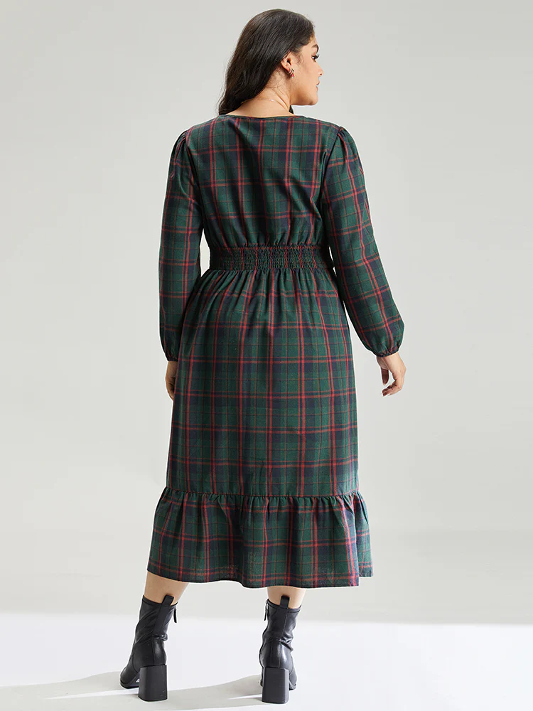 Plaid Shirred Button Detail Ruffle Hem Dress - Image 4