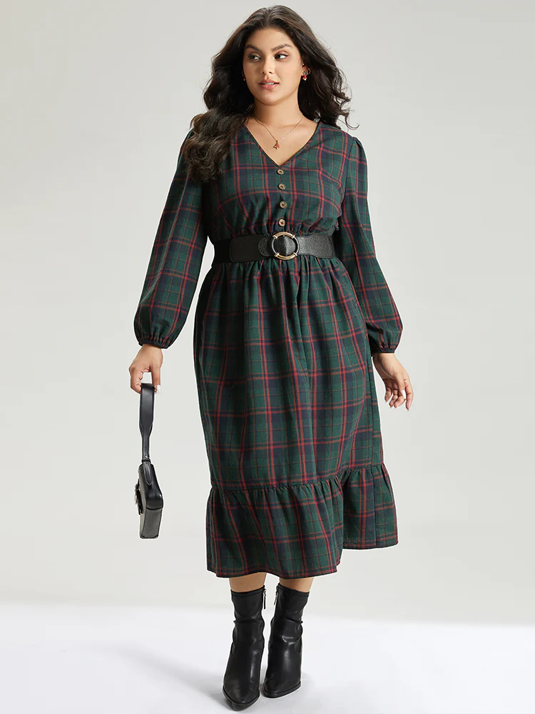 Plaid Shirred Button Detail Ruffle Hem Dress - Image 5