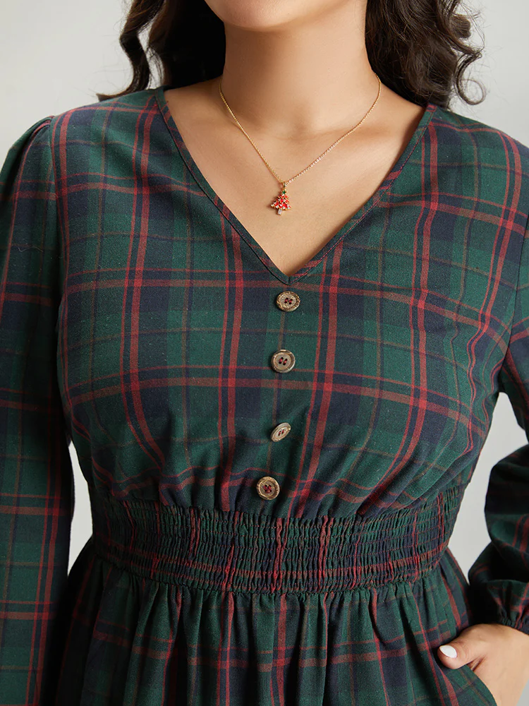 Plaid Shirred Button Detail Ruffle Hem Dress - Image 6