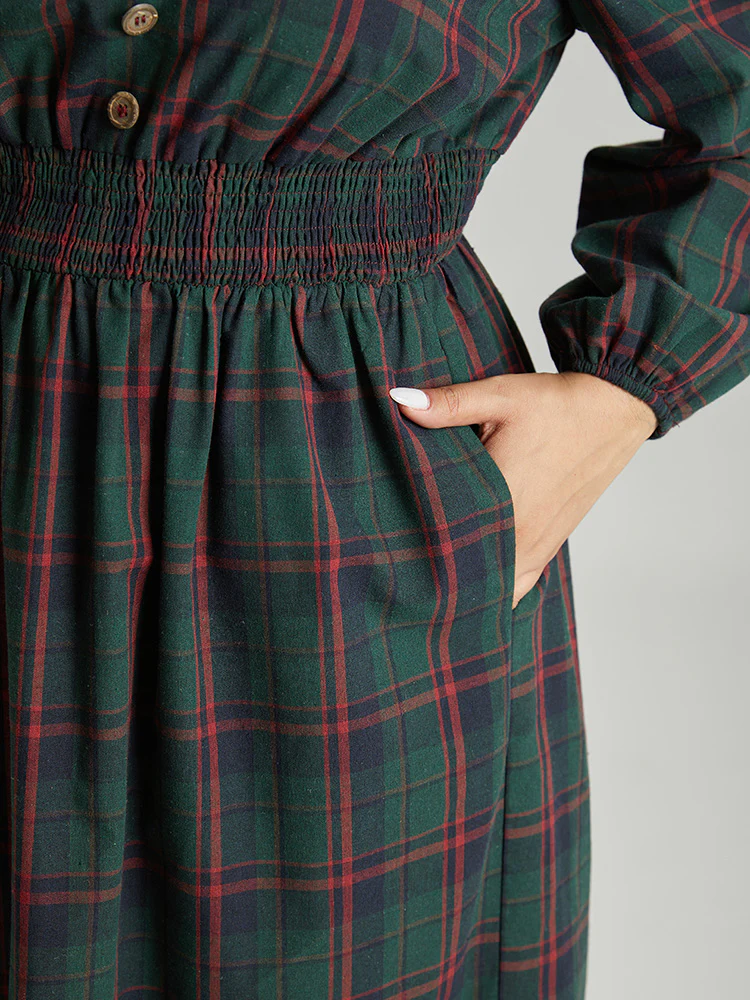 Plaid Shirred Button Detail Ruffle Hem Dress - Image 7
