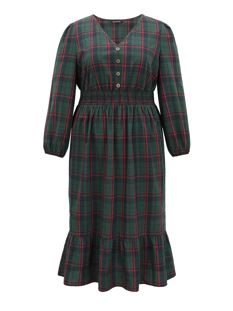 Plaid Shirred Button Detail Ruffle Hem Dress - Image 8