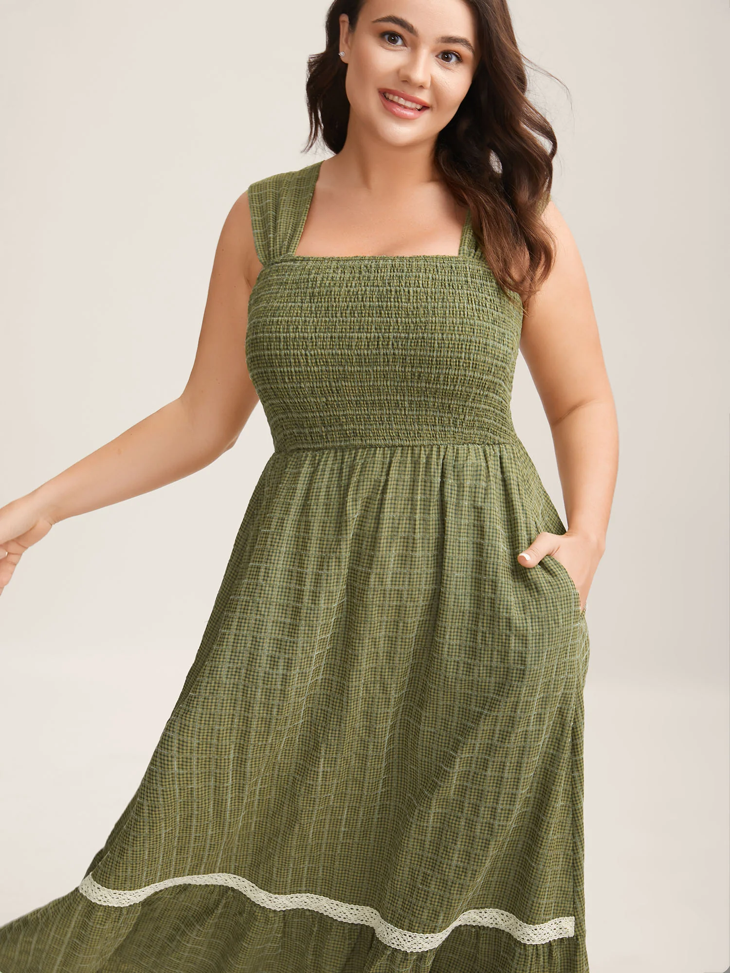 Plaid Shirred Lace Trim Tiered Maxi Dress - Image 3