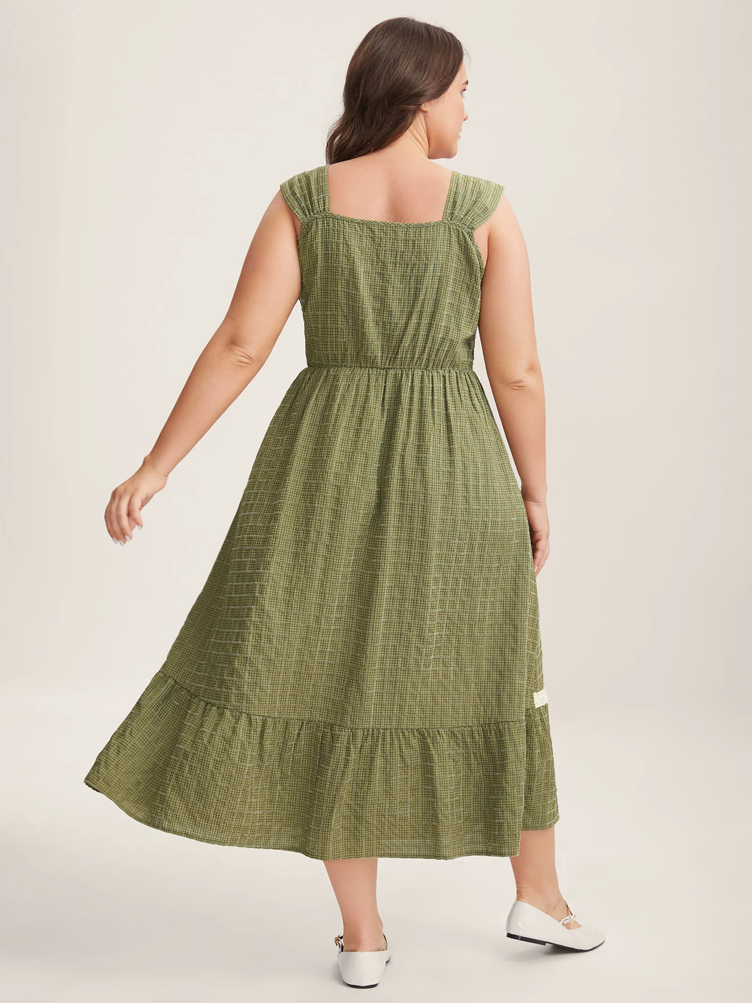 Plaid Shirred Lace Trim Tiered Maxi Dress - Image 4